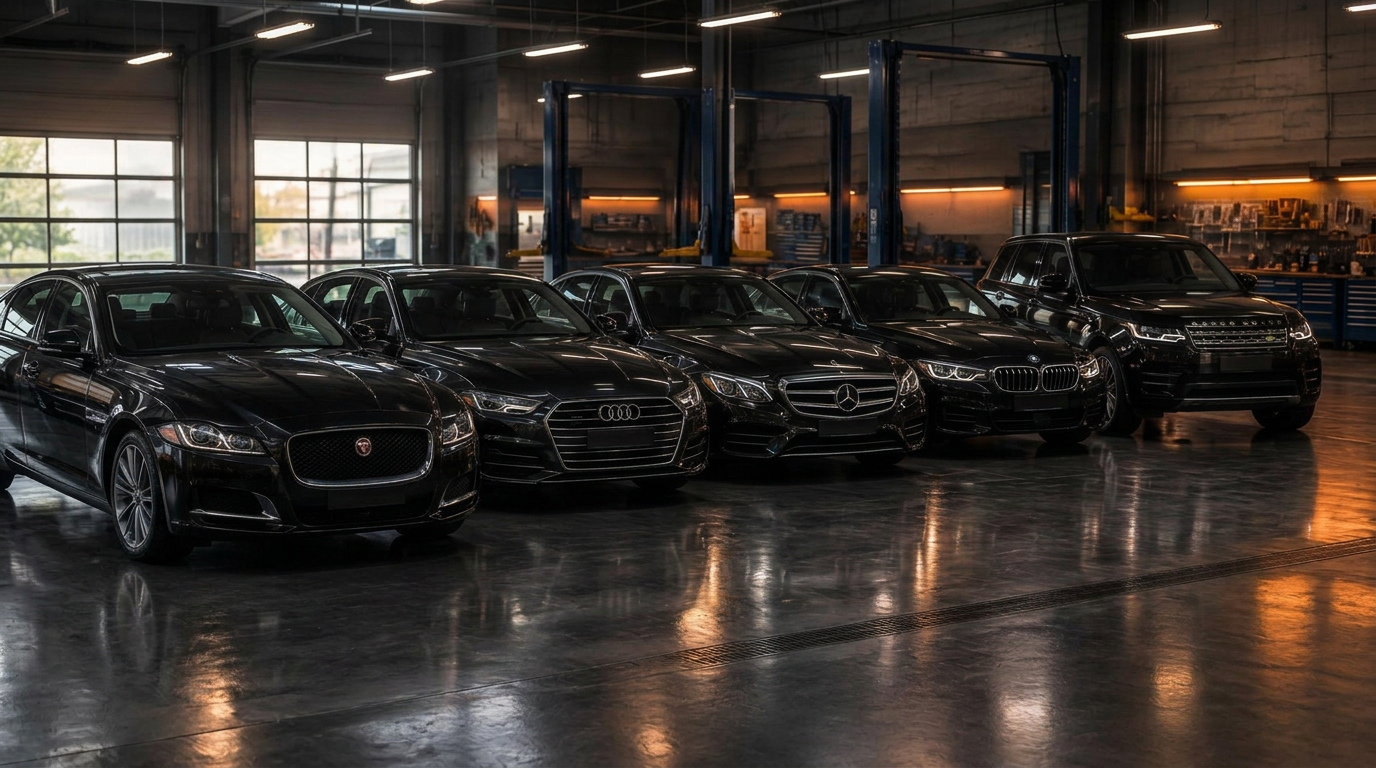 Rij zwarte auto's in de werkplaats: Jaguar, Audi, Mercedes-Benz, BMW en Land Rover
